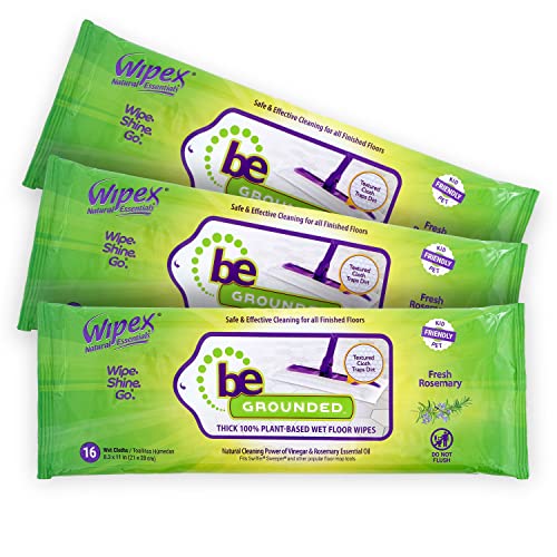 Wipex Wet Floor Wipes Natural Wet Mop Pads Fit Swiffer Sweeper Mop Rosemary Essential Oil Vinegar PlantBased Textured Cloth Trap Absorb Dirt Floor Cleaner Pads 16 Count Pack of 3